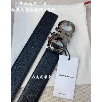 Ferragamo Palm-Grained Calfskin Leather Belt 3.5cm Black/Shiny Gunmetal 2023 FG122001 (99-231220148)