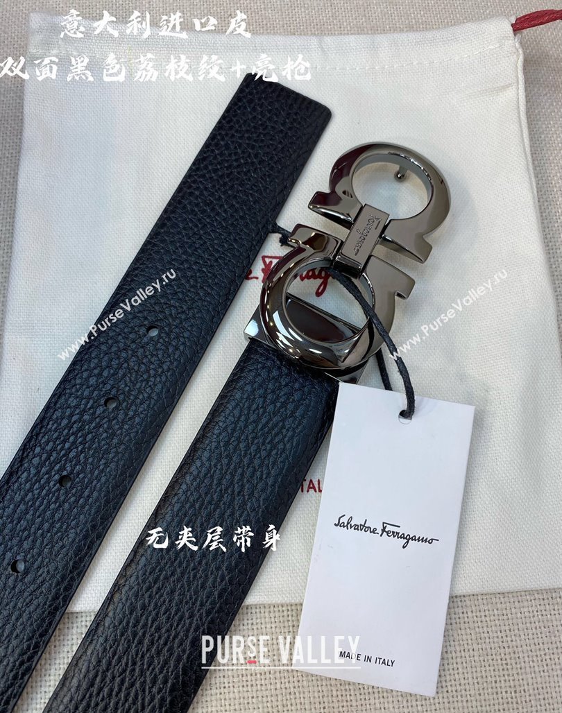 Ferragamo Palm-Grained Calfskin Leather Belt 3.5cm Black/Shiny Gunmetal 2023 FG122001 (99-231220148)