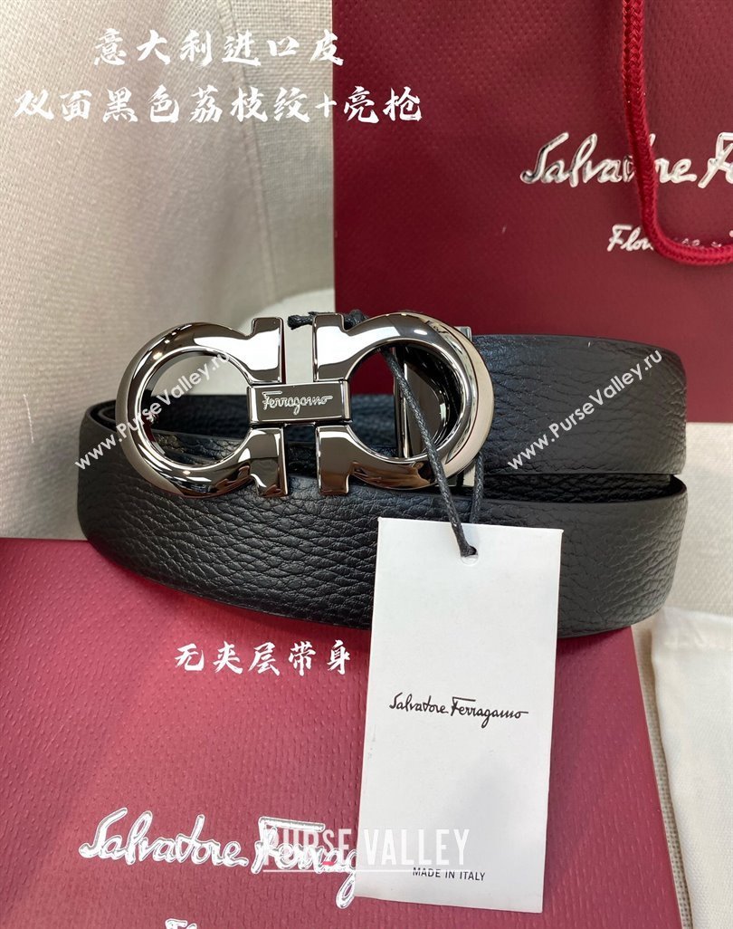 Ferragamo Palm-Grained Calfskin Leather Belt 3.5cm Black/Shiny Gunmetal 2023 FG122001 (99-231220148)