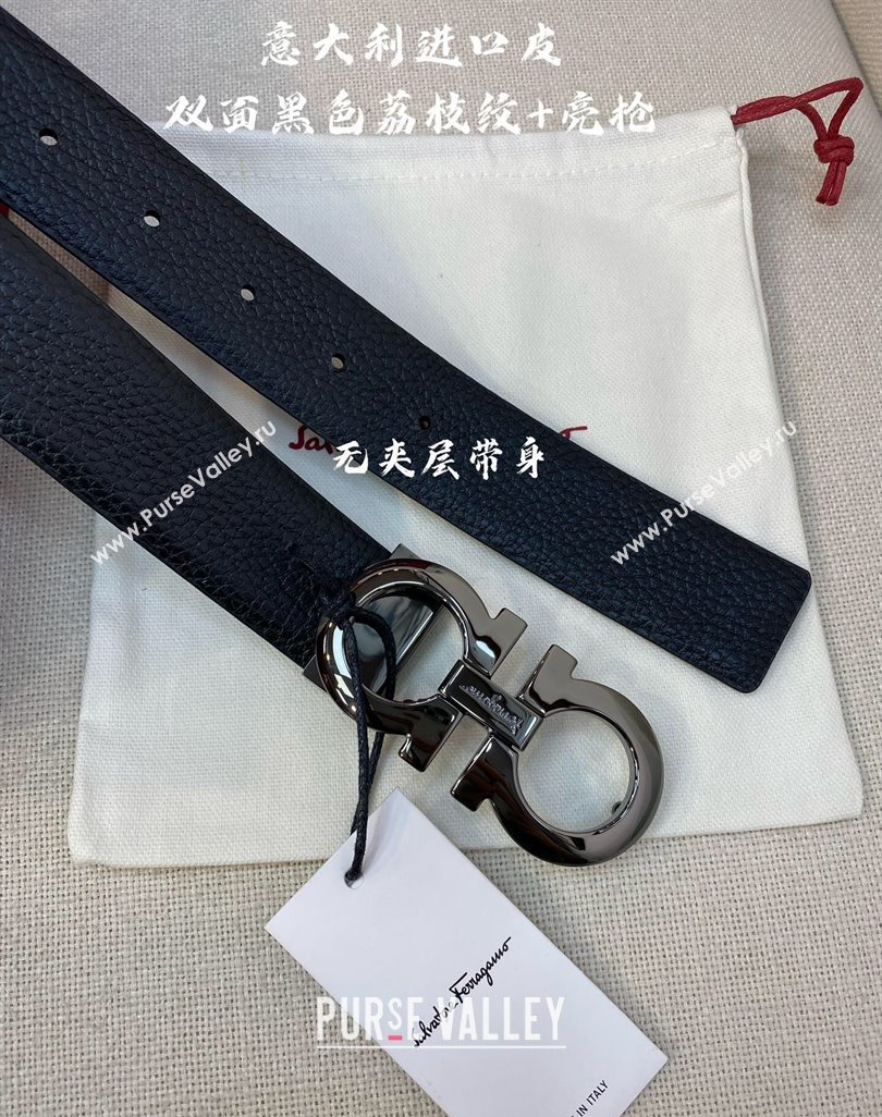 Ferragamo Palm-Grained Calfskin Leather Belt 3.5cm Black/Shiny Gunmetal 2023 FG122001 (99-231220148)