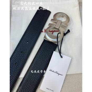 Ferragamo Palm-Grained Calfskin Leather Belt 3.5cm Black/Matte Silver 2023 FG122001 (99-231220143)