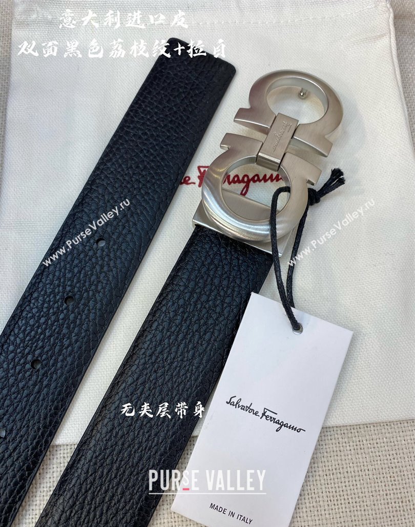 Ferragamo Palm-Grained Calfskin Leather Belt 3.5cm Black/Matte Silver 2023 FG122001 (99-231220143)