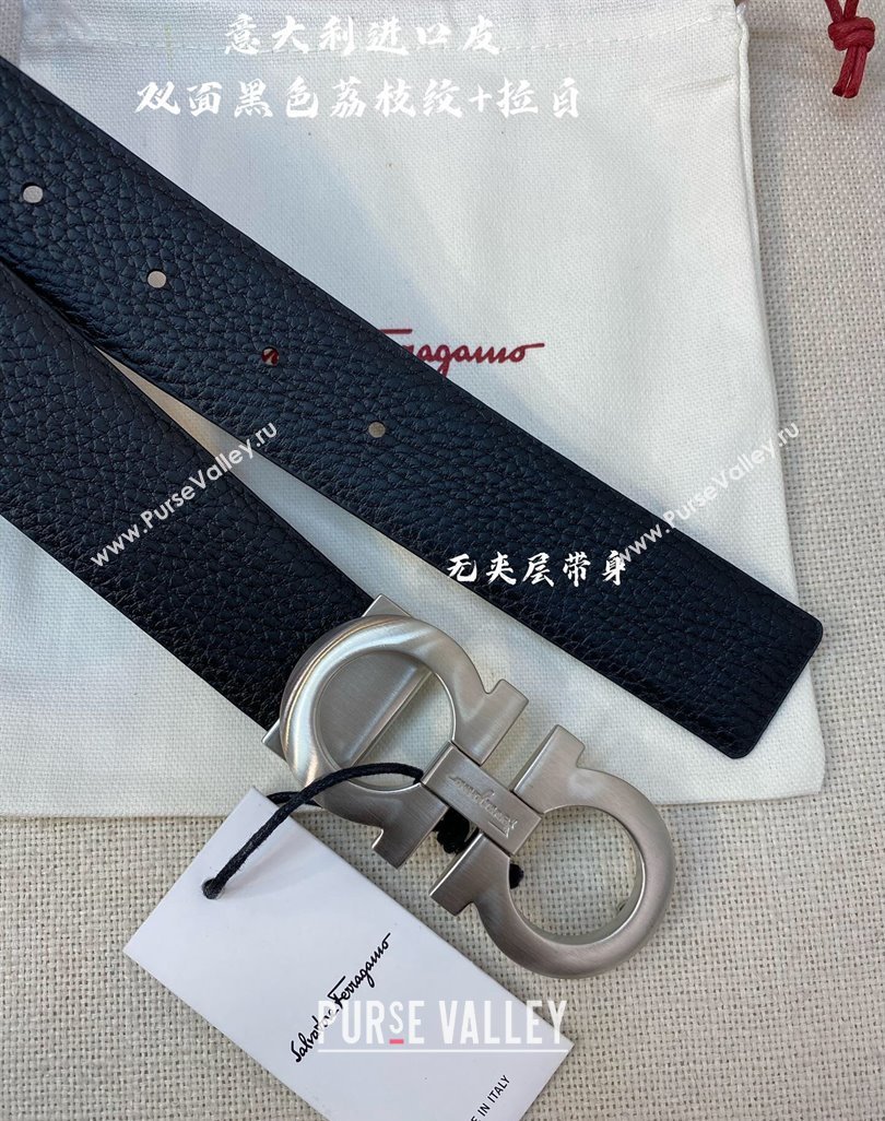Ferragamo Palm-Grained Calfskin Leather Belt 3.5cm Black/Matte Silver 2023 FG122001 (99-231220143)