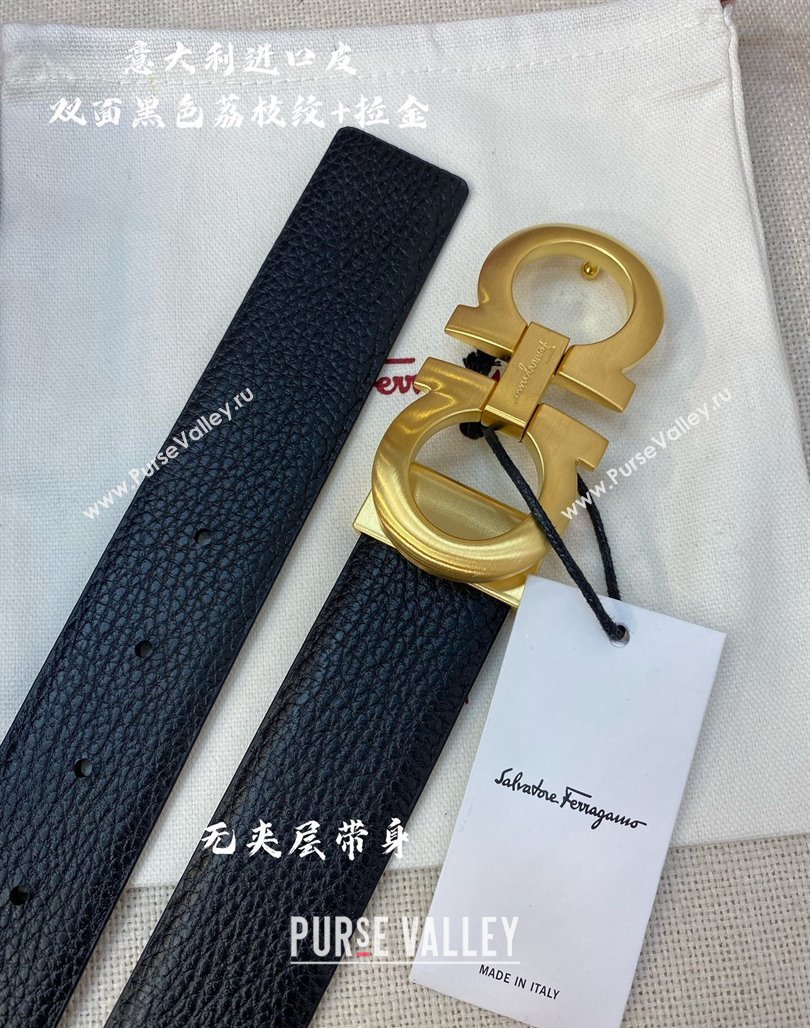Ferragamo Palm-Grained Calfskin Leather Belt 3.5cm Black/Matte Gold 2023 FG122001 (99-231220144)