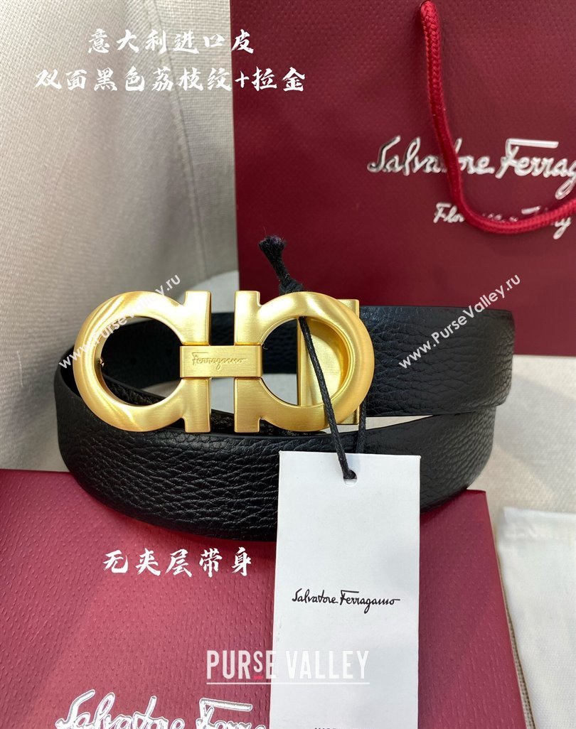 Ferragamo Palm-Grained Calfskin Leather Belt 3.5cm Black/Matte Gold 2023 FG122001 (99-231220144)