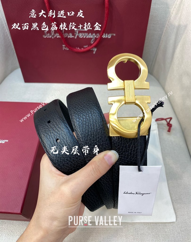 Ferragamo Palm-Grained Calfskin Leather Belt 3.5cm Black/Matte Gold 2023 FG122001 (99-231220144)
