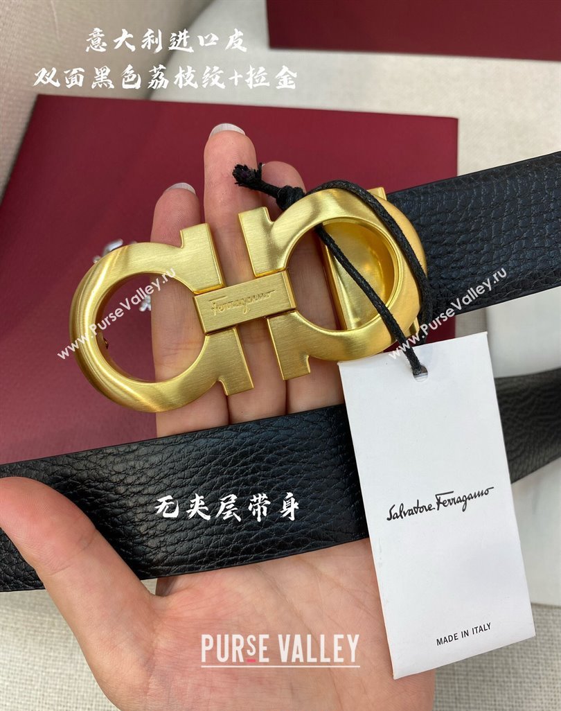 Ferragamo Palm-Grained Calfskin Leather Belt 3.5cm Black/Matte Gold 2023 FG122001 (99-231220144)