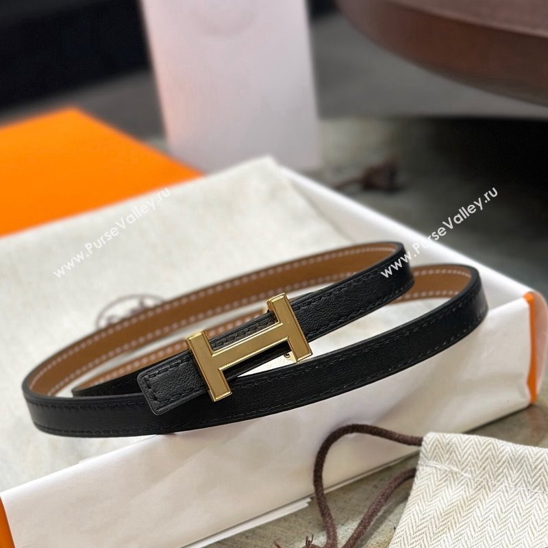 Hermes Focus Belt Buckle Reversible Leather Strap 1.3cm Black/Brown/Yellow Gold 2023 HS122001 (99-23122004)