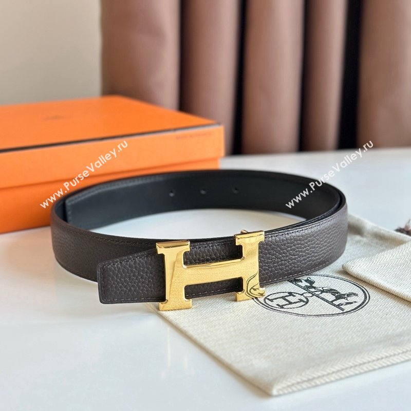 Hermes Boucle De Ceinture H Cuir Reversible Belt 3.2cm in Togo Leather Chocolate/Gold 2023 H5382 (99-23122010)