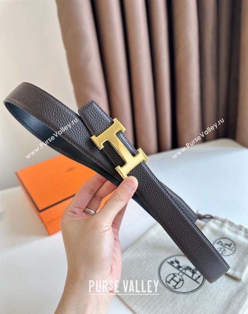 Hermes Boucle De Ceinture H Cuir Reversible Belt 3.2cm in Togo Leather Chocolate/Gold 2023 H5382 (99-23122010)