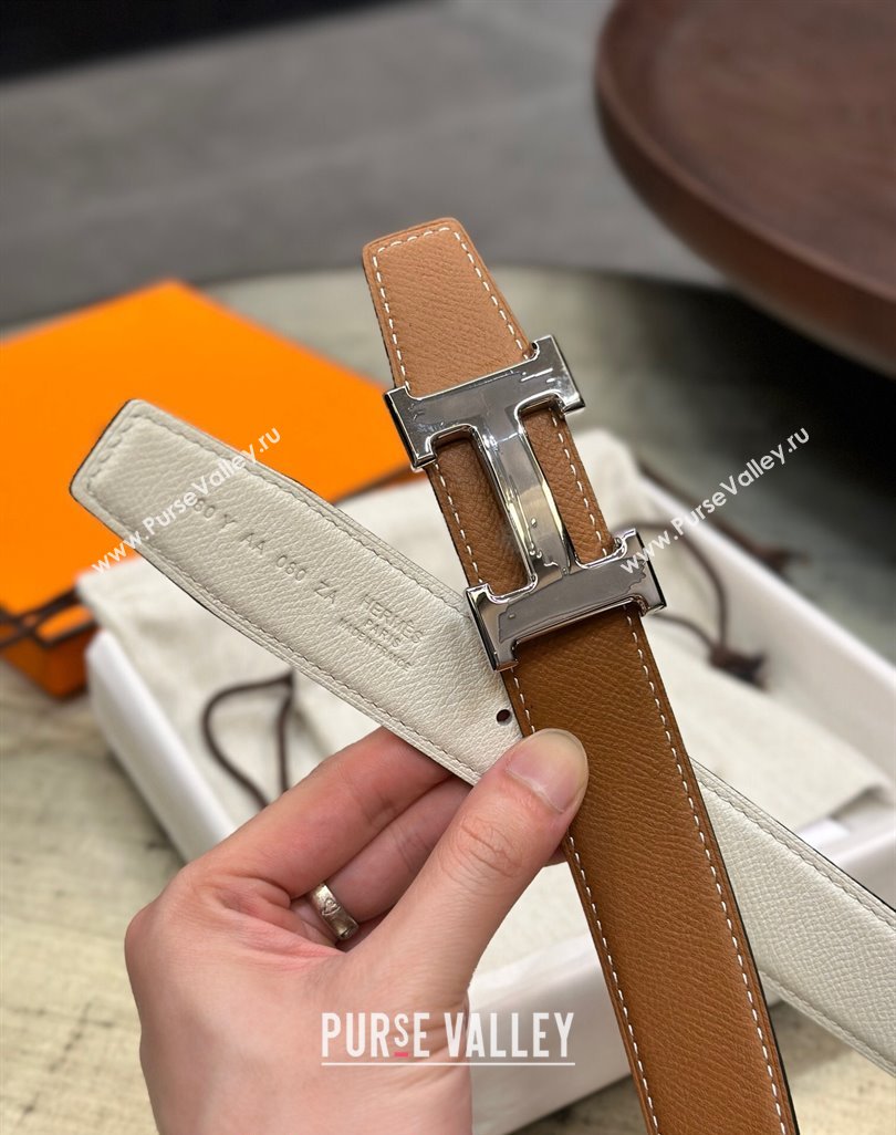 Hermes Brush Belt Reversible Epsom Leather Strap with Silver and Grey H Buckle 3.2cm White 2023 H122008 (99-231220078)