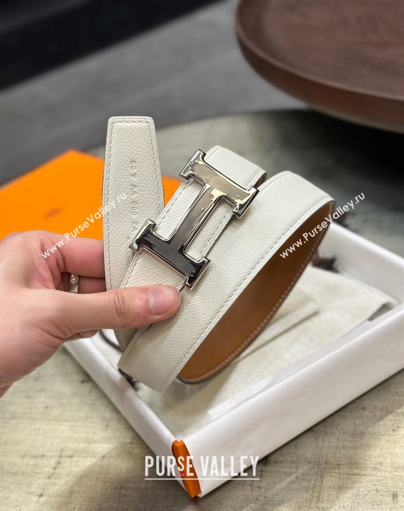 Hermes Brush Belt Reversible Epsom Leather Strap with Silver and Grey H Buckle 3.2cm White 2023 H122008 (99-231220078)