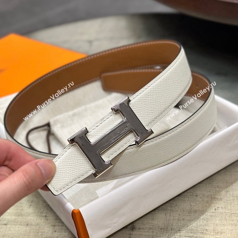 Hermes Brush Belt Reversible Epsom Leather Strap with Silver and Grey H Buckle 3.2cm White 2023 H122008 (99-231220078)