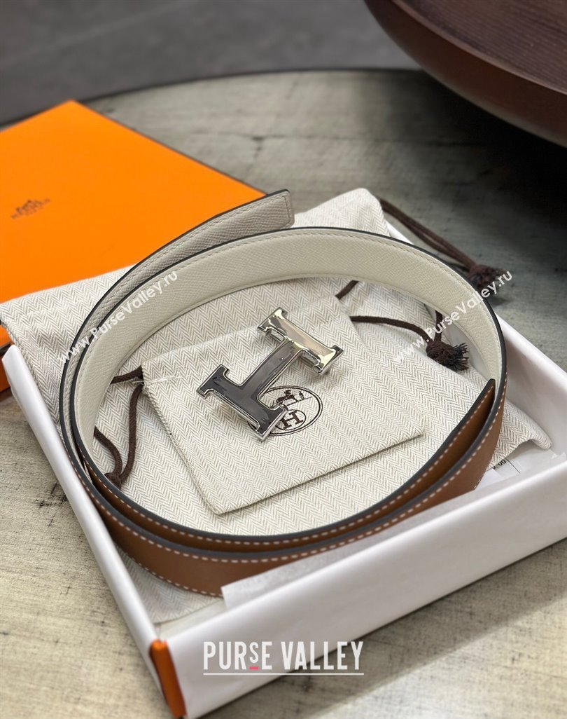 Hermes Brush Belt Reversible Epsom Leather Strap with Silver and Grey H Buckle 3.2cm White 2023 H122008 (99-231220078)