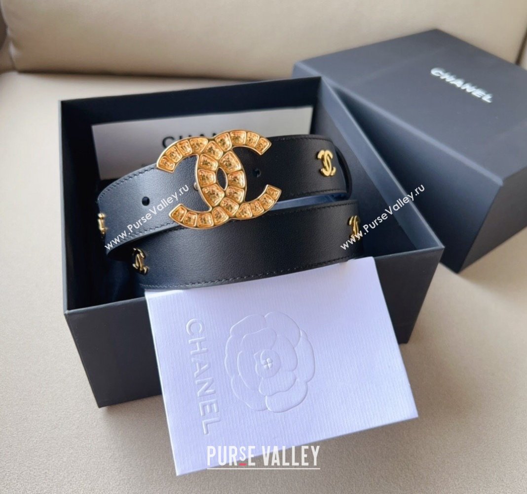 Chanel Pharrell Leather Belt 3cm with Crystals CC Buckle Black 1 2023 CH122001 (99-231220083)