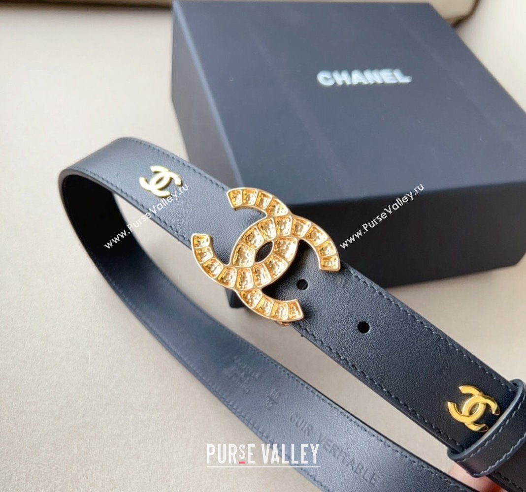 Chanel Pharrell Leather Belt 3cm with Crystals CC Buckle Black 1 2023 CH122001 (99-231220083)