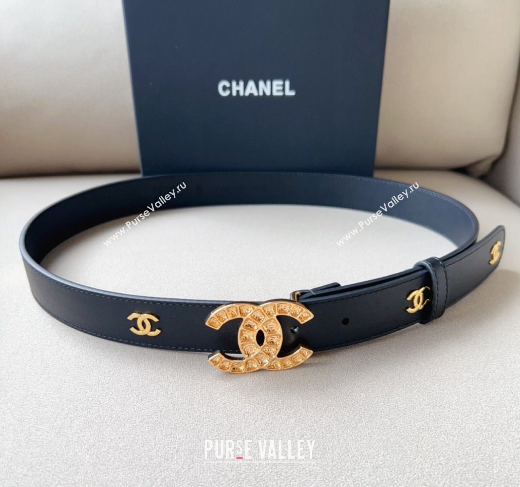 Chanel Pharrell Leather Belt 3cm with Crystals CC Buckle Black 1 2023 CH122001 (99-231220083)