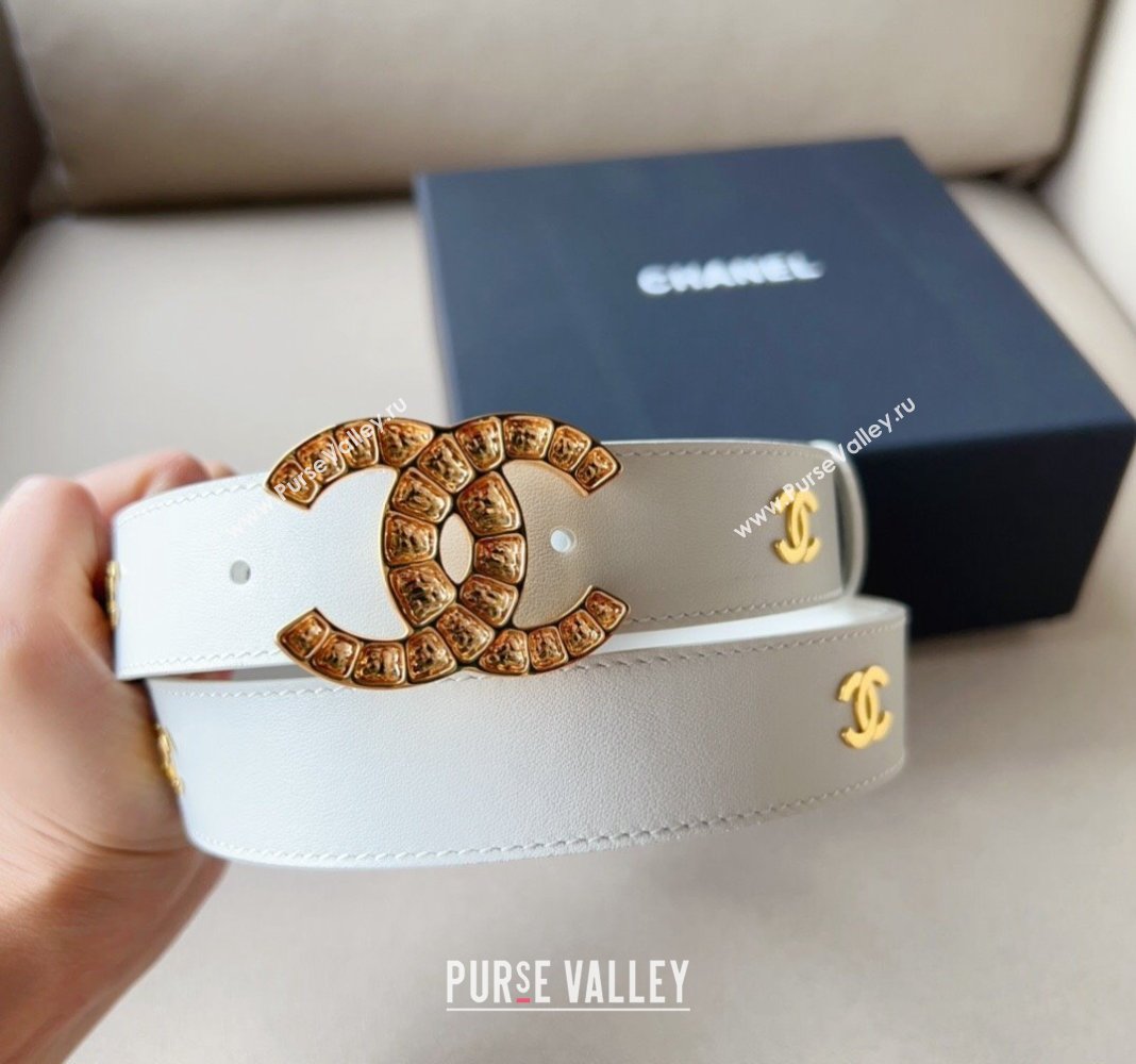 Chanel Pharrell Leather Belt 3cm with Crystals CC Buckle White 2 2023 CH122001 (99-231220084)