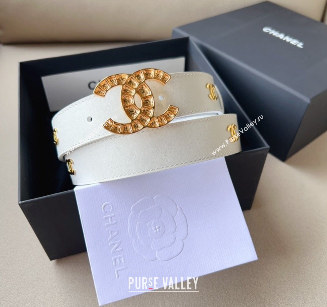 Chanel Pharrell Leather Belt 3cm with Crystals CC Buckle White 2 2023 CH122001 (99-231220084)