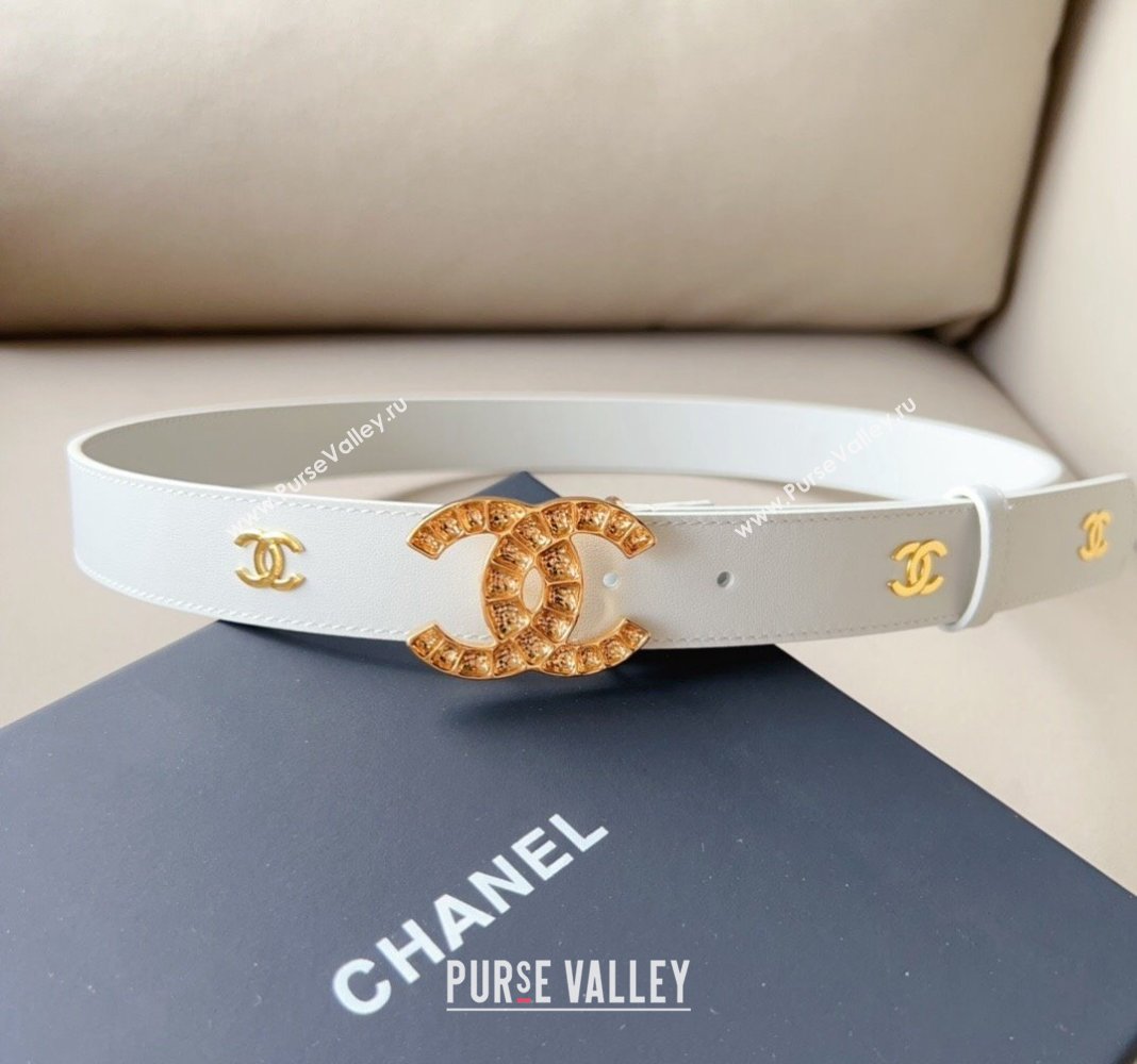 Chanel Pharrell Leather Belt 3cm with Crystals CC Buckle White 2 2023 CH122001 (99-231220084)