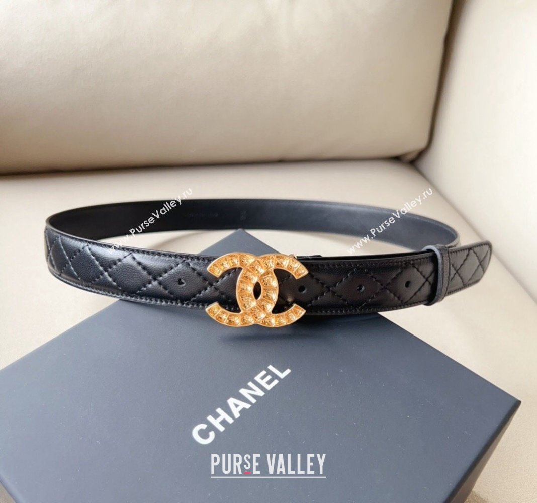 Chanel Pharrell Quilted Leather Belt 3cm with Crystals CC Buckle Black 2023 CH122001 (99-231220085)