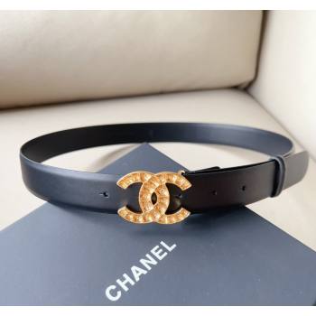 Chanel Pharrell Leather Belt 3cm with Crystals CC Buckle Black 2 2023 CH122001 (99-231220087)