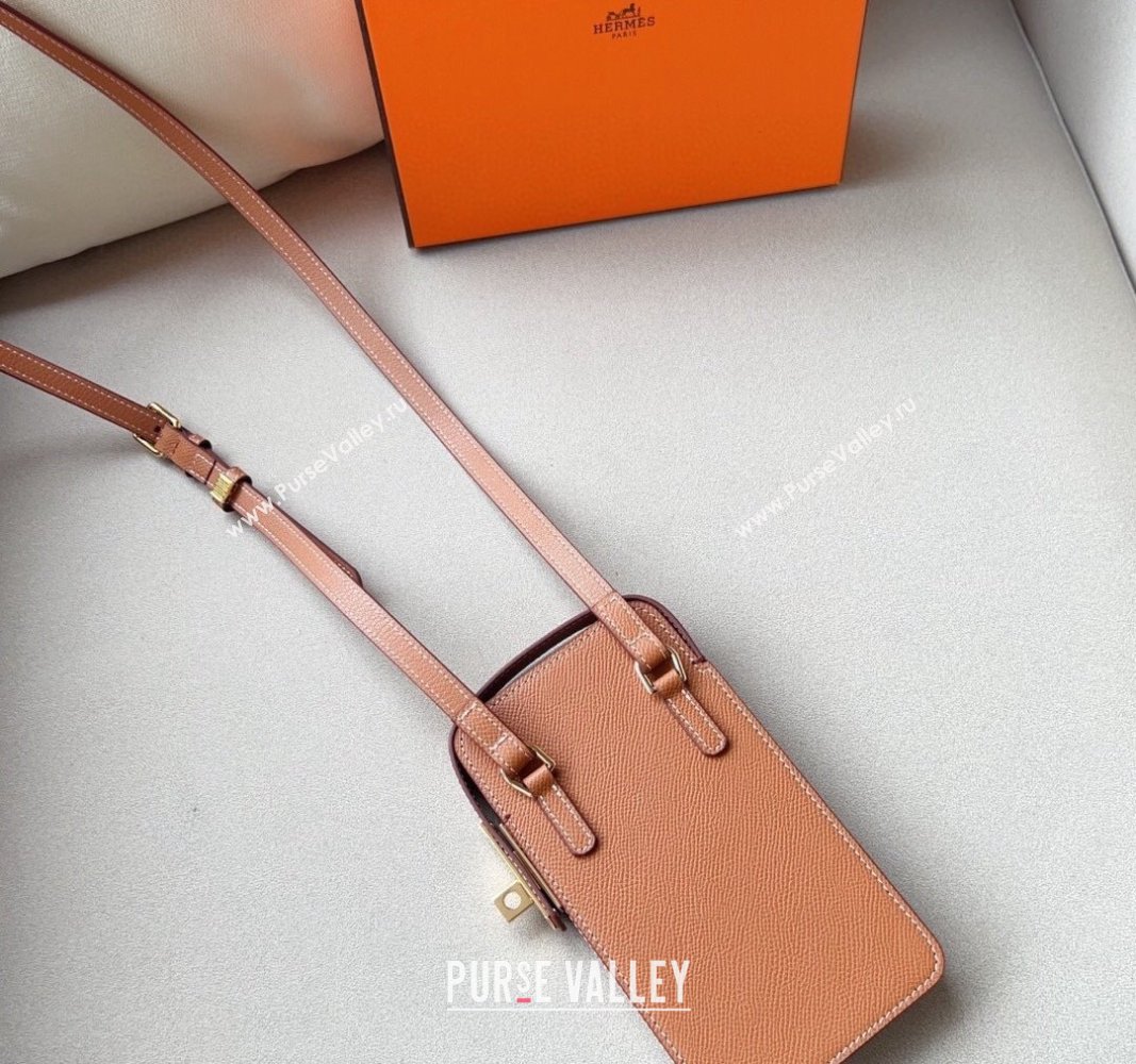 Hermes Etui Hacabox Leather Phone Case Mini Bag with Kelly Buckle Brown/Gold 2023 (99-231220105)