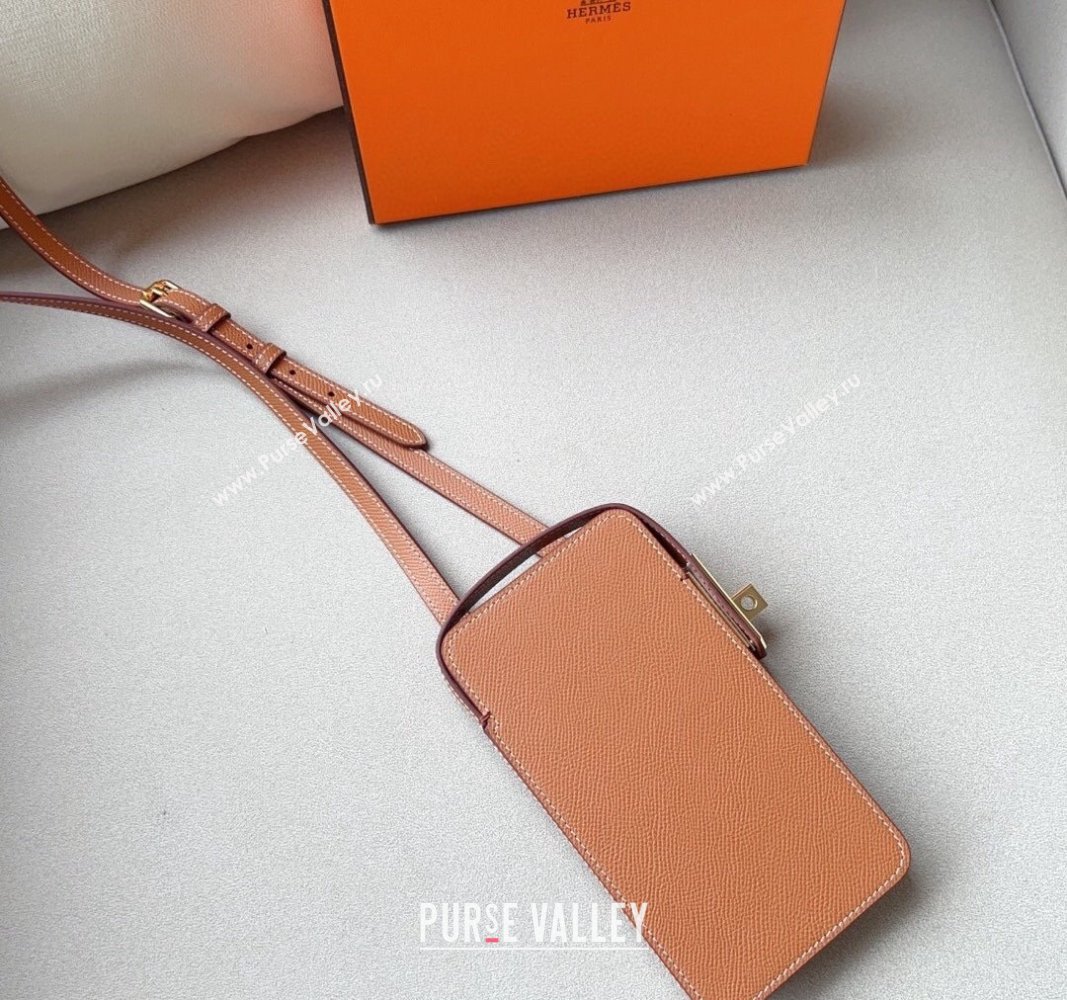 Hermes Etui Hacabox Leather Phone Case Mini Bag with Kelly Buckle Brown/Gold 2023 (99-231220105)