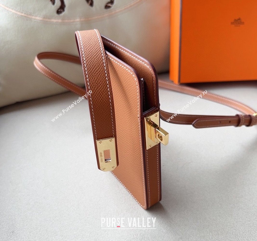 Hermes Etui Hacabox Leather Phone Case Mini Bag with Kelly Buckle Brown/Gold 2023 (99-231220105)