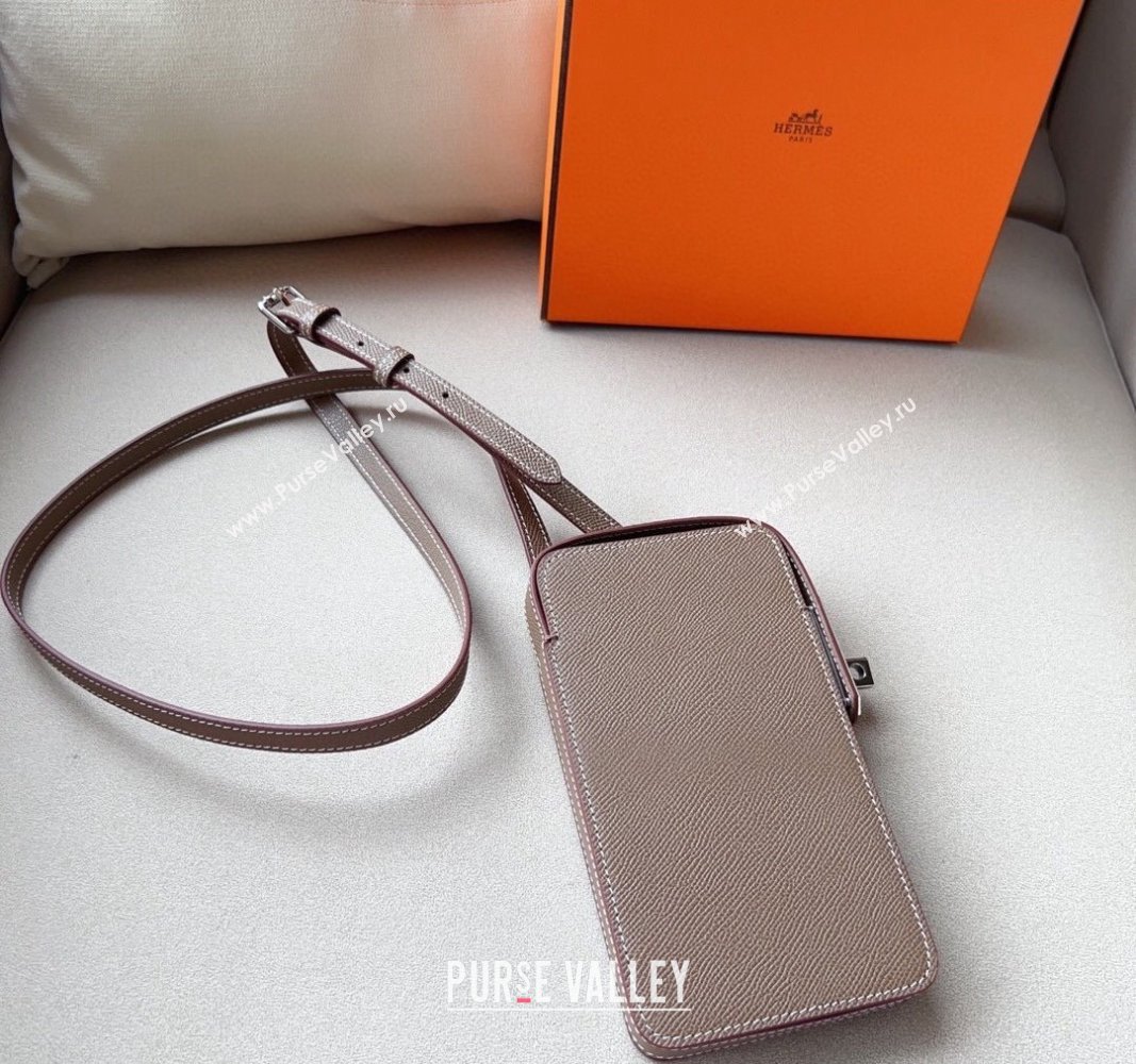 Hermes Etui Hacabox Leather Phone Case Mini Bag with Kelly Buckle Grey/Silver 2023 (99-1220096)