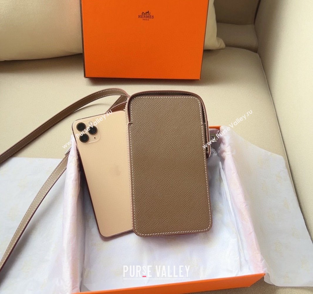 Hermes Etui Hacabox Leather Phone Case Mini Bag with Kelly Buckle Grey/Silver 2023 (99-1220096)