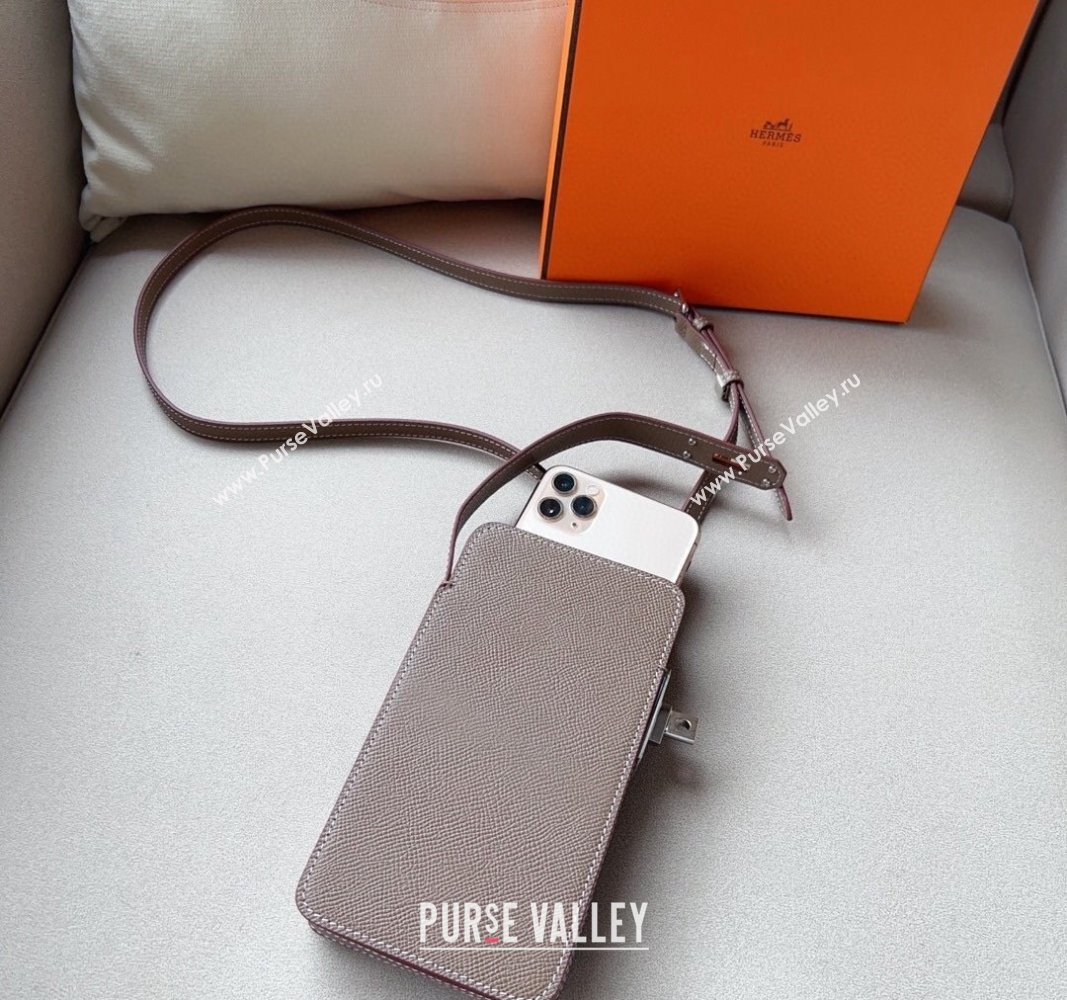 Hermes Etui Hacabox Leather Phone Case Mini Bag with Kelly Buckle Grey/Silver 2023 (99-1220096)