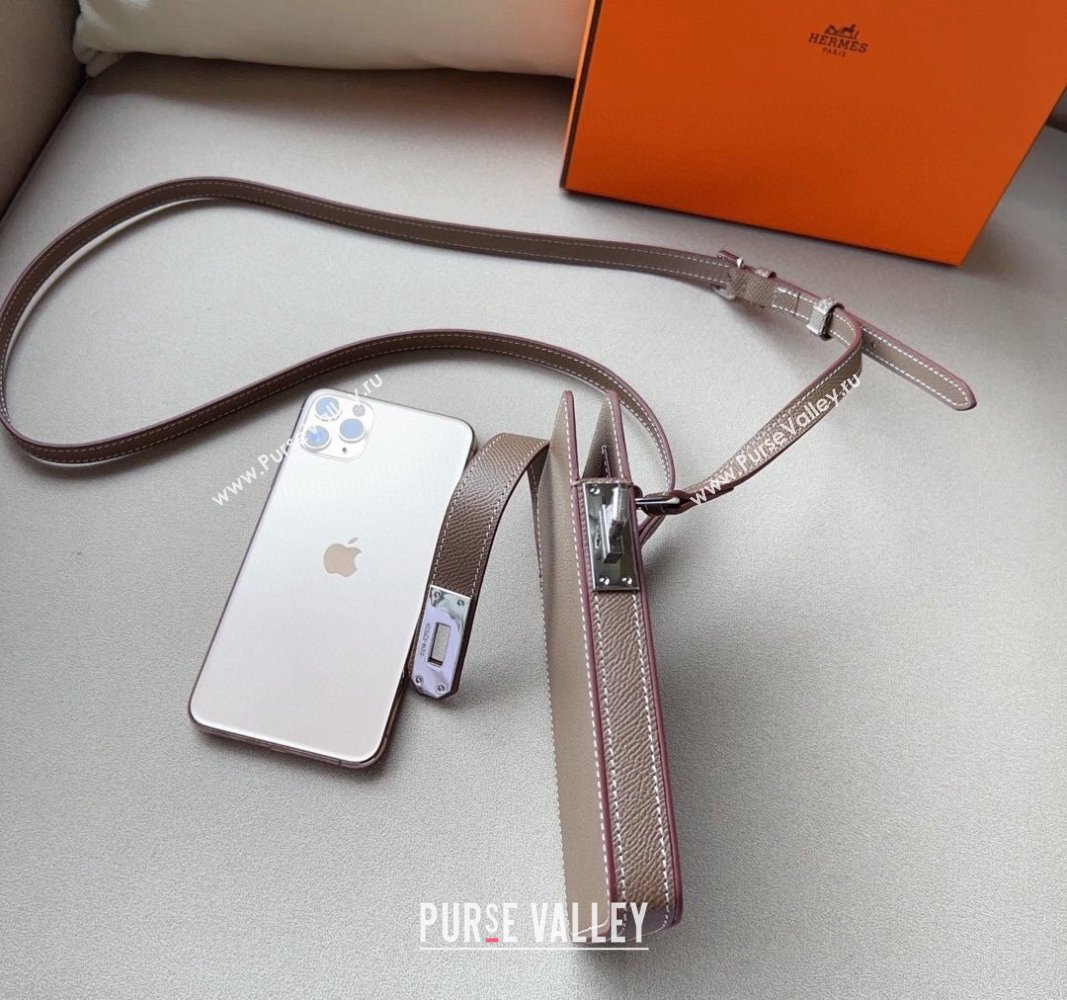 Hermes Etui Hacabox Leather Phone Case Mini Bag with Kelly Buckle Grey/Silver 2023 (99-1220096)