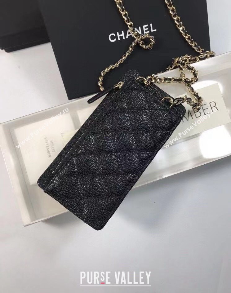 Chanel Grained Leather Phone Holder with Chain Black 2023 CH122003 (99-231220127)