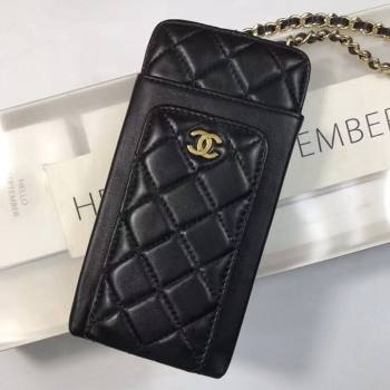 Chanel Lambskin Leather Phone Holder with Chain Black 2023 CH122003 (99-231220128)