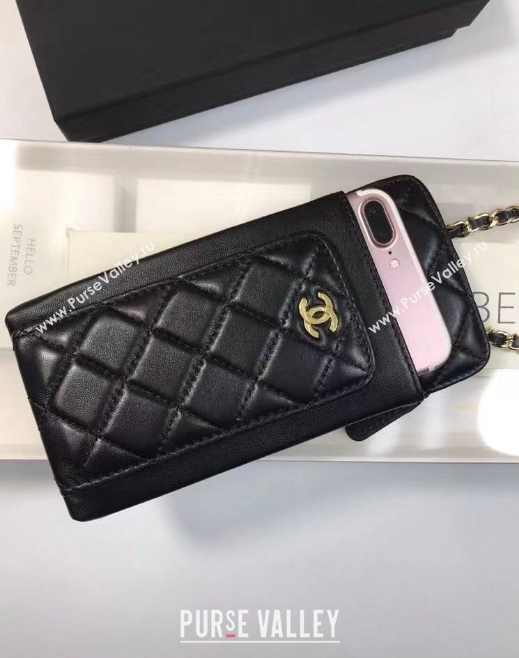 Chanel Lambskin Leather Phone Holder with Chain Black 2023 CH122003 (99-231220128)