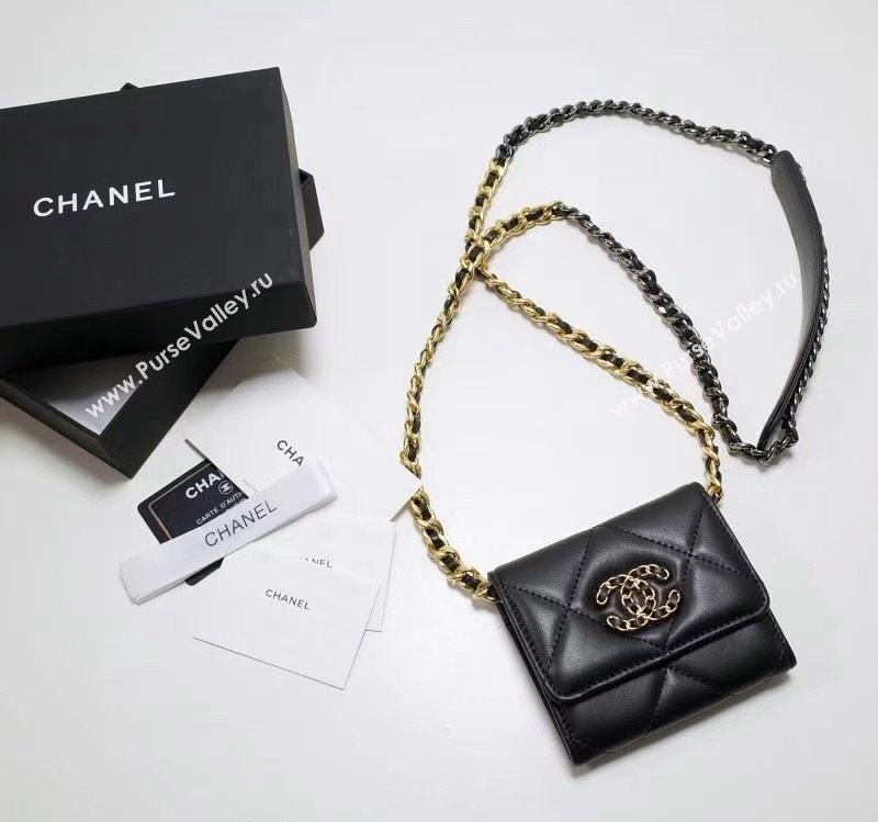 Chanel 19 Quilted Lambskin Flap Coin Purse Wallet with Chain AP1787 Black 2023 1220 (99-231220129)