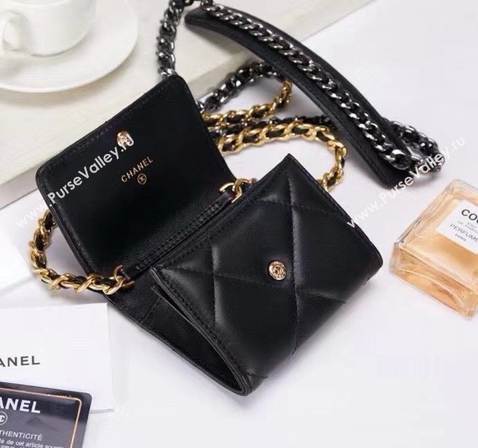 Chanel 19 Quilted Lambskin Flap Coin Purse Wallet with Chain AP1787 Black 2023 1220 (99-231220129)