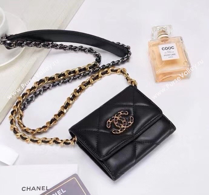 Chanel 19 Quilted Lambskin Flap Coin Purse Wallet with Chain AP1787 Black 2023 1220 (99-231220129)