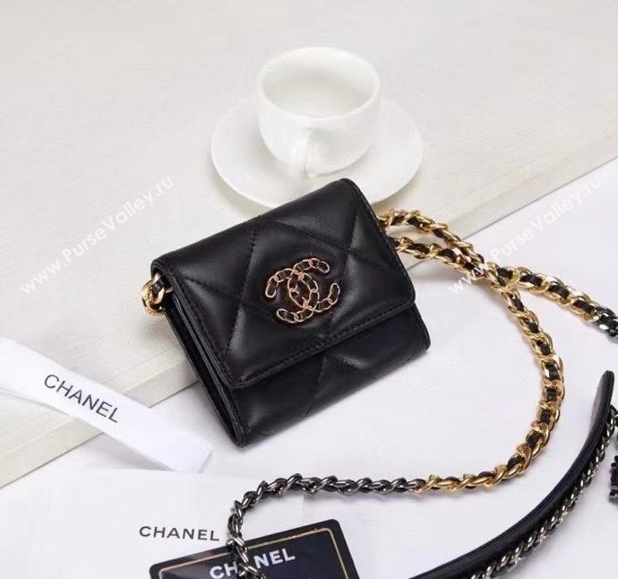 Chanel 19 Quilted Lambskin Flap Coin Purse Wallet with Chain AP1787 Black 2023 1220 (99-231220129)