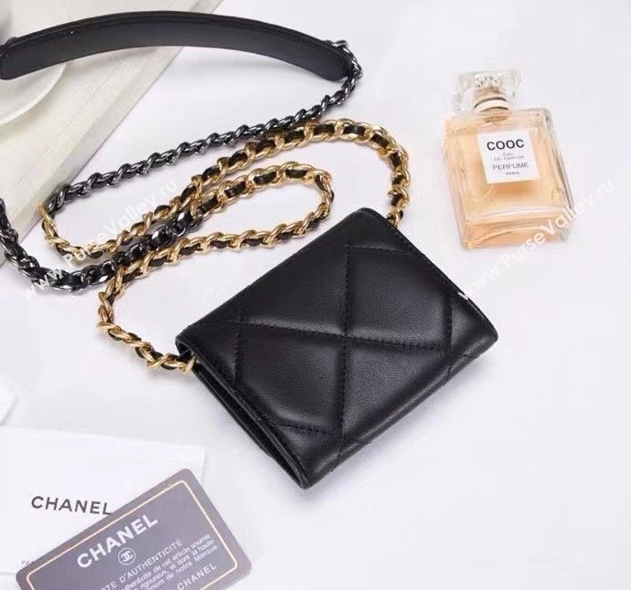 Chanel 19 Quilted Lambskin Flap Coin Purse Wallet with Chain AP1787 Black 2023 1220 (99-231220129)