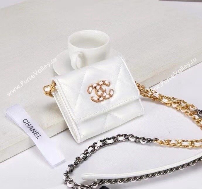 Chanel 19 Quilted Lambskin Flap Coin Purse Wallet with Chain AP1787 White 2023 1220 (99-231220130)