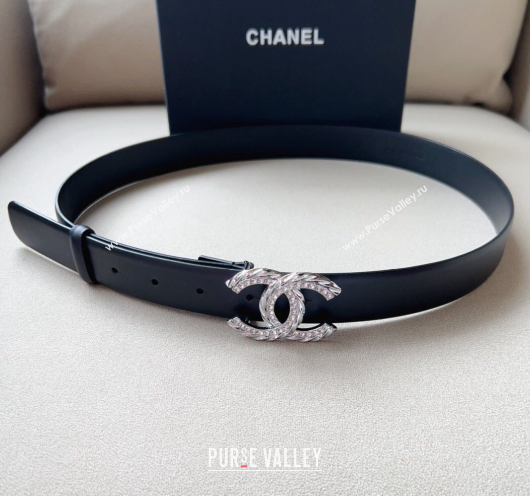 Chanel Lambskin Belt 3cm with Crystal and Chain CC Buckle Black/Silver 2023 0113 (99-240113008)