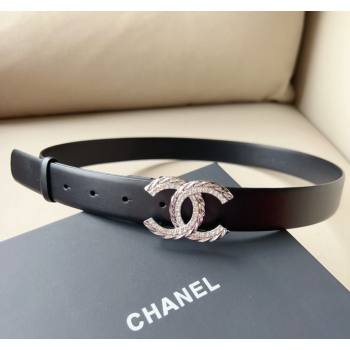 Chanel Lambskin Belt 3cm with Crystal and Chain CC Buckle Black/Silver 2023 0113 (99-240113008)