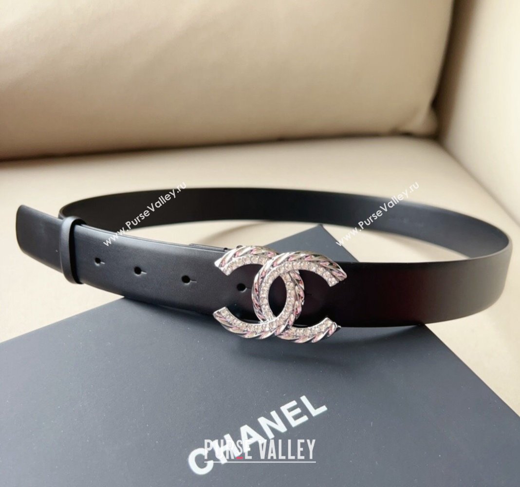 Chanel Lambskin Belt 3cm with Crystal and Chain CC Buckle Black/Silver 2023 0113 (99-240113008)