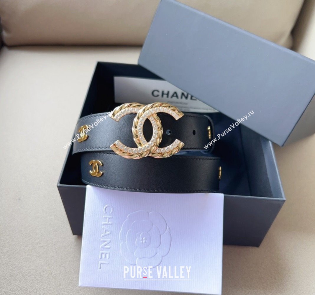 Chanel Calfskin Belt 3cm with Crystal and Chain CC Buckle Black 2023 0113 (99-240113013)