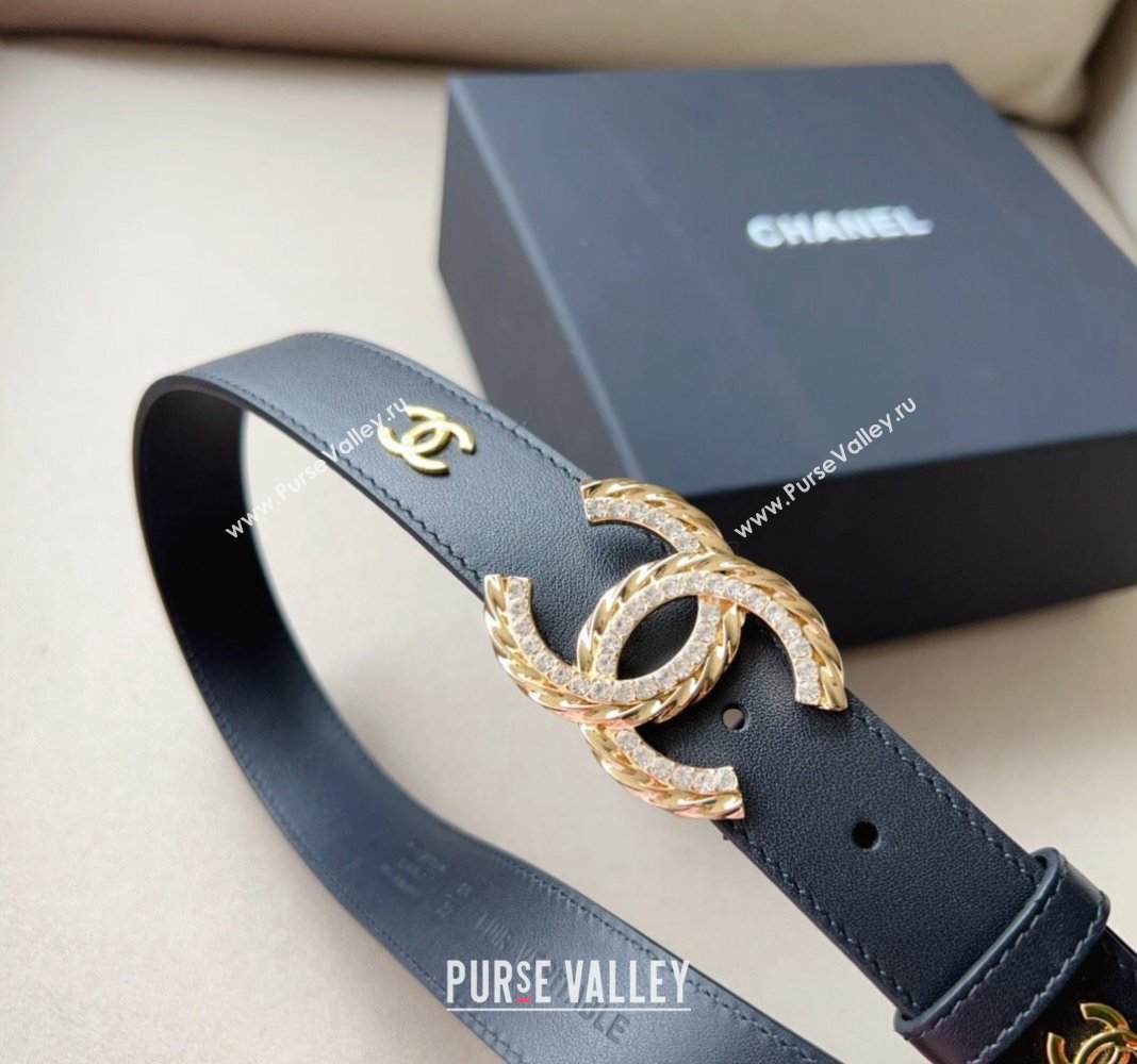 Chanel Calfskin Belt 3cm with Crystal and Chain CC Buckle Black 2023 0113 (99-240113013)