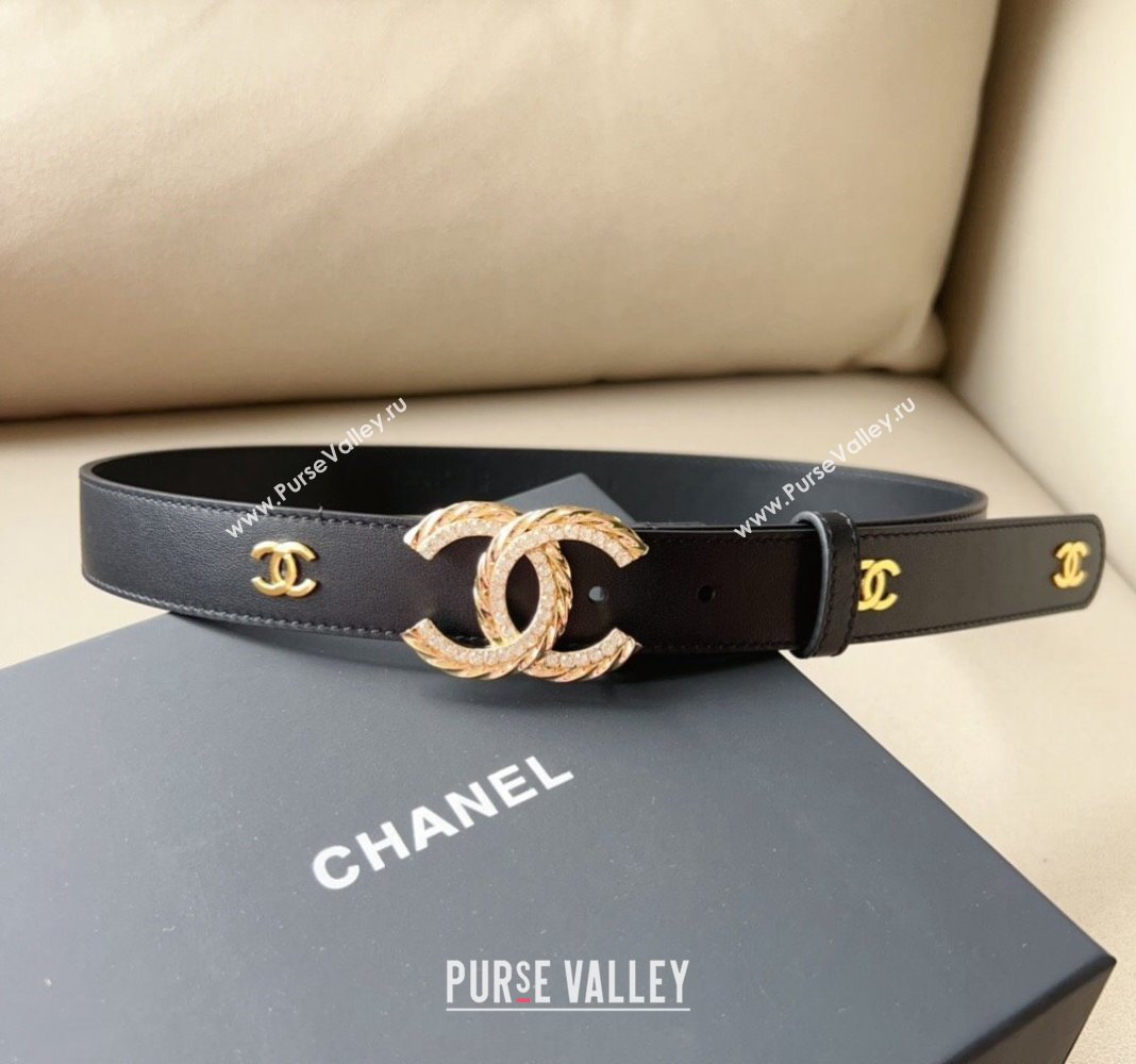 Chanel Calfskin Belt 3cm with Crystal and Chain CC Buckle Black 2023 0113 (99-240113013)