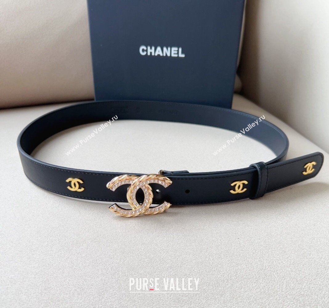 Chanel Calfskin Belt 3cm with Crystal and Chain CC Buckle Black 2023 0113 (99-240113013)