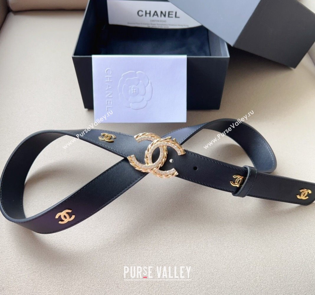 Chanel Calfskin Belt 3cm with Crystal and Chain CC Buckle Black 2023 0113 (99-240113013)